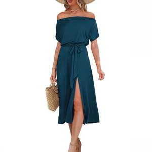 European and American Summer Women's Sexy Strapless <b>Short</b> Sleeve Tie Waist Split Midi <b>Dresses</b> - Product Image 6