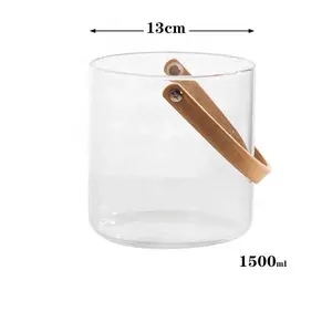 Cesta de vidrio de borosilicato alto para frutas, hecha a medida, transparente, soplado a mano, con mango de elevación de Bambú