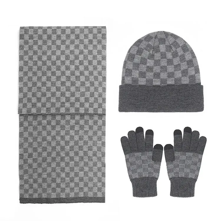 Вязаная зимняя шапка, перчатки, шарф для мужчин и женщин, вязаные плотные теплые перчатки для сенсорного экрана, клетчатые перчатки, шапочка, шарф
