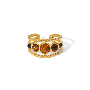Anillos de Acero Inoxidable con Baño de Oro de 18K, Diseño Moderno, con Cinco Piedras de Ojo de Tigre, Redondos y Huecos, para Mujer - Product Image 1
