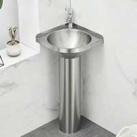 Évier mural triangulaire moderne en acier inoxydable 304 avec poignée de robinet joystick facile à nettoyer pour salle de bain