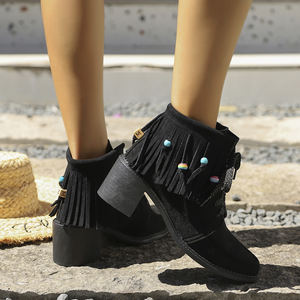 <span class=keywords><strong>Botines</strong></span> negros bohemios chic para mujer con flecos de gamuza sintética cuentas coloridas abalorio de madera con tacón grueso - Product Image 2