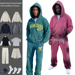 ผู้ผลิตเสื้อฮู้ดดี้แบบกำหนดเอง เสื้อฮู้ดดี้แบบซิปหนัก 420 กรัม ชุดวอร์มประดับคริสตัล ชุดฮู้ดดี้ทรงหลวมสำหรับสตรีทแวร์ TKAN550 - Product Image 1