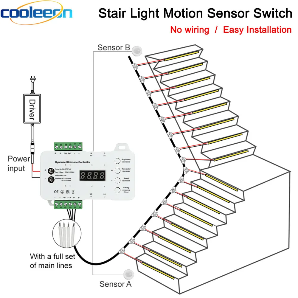 Fita de luz de led com sensor de movimento, fácil instalação, sem necessidade de fiação dc 12v 24v, interruptor de escada e sensor