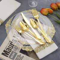 Ensemble de vaisselle jetable noir et or, assiettes, gobelets, couteaux, fourchettes et cuillères en plastique rigide PS pour mariage et fête