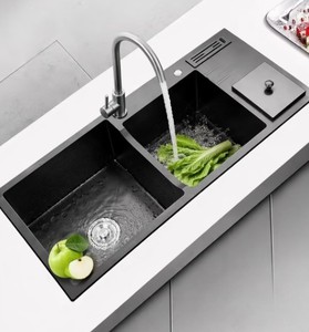 <span class=keywords><strong>Évier</strong></span> de <span class=keywords><strong>cuisine</strong></span> double gris foncé avec bassin auxiliaire latéral, double vidange, robinet arrière, pour villa, hôtel, fourniture OEM ODM B2B - Product Image 3
