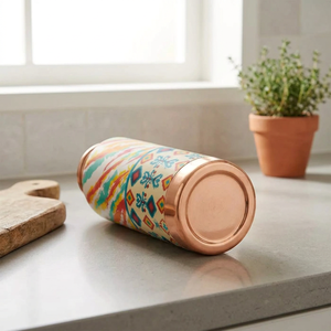 Premium Contoured Enamel Printed Pure Copper Water <b>Bottle</b> Vibrant Abstract Ikat Pattern Leak-Proof Ayurvedic Health Sports <b>Flask</b> - Product Image 5