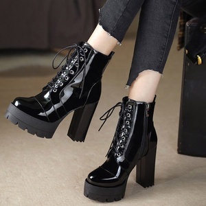 Mirror Patent Leather Platform Round Toe Women Ankle <b>Boots</b> Big Size 43 Side Zipper Chunky High Heel Short Booties for Ladies - Product Image 4
