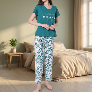 Pijamas Casuales de Moda para Mujer, Suministro ODM, Estampado Floral, 100% Algodón, Tela Jersey Suave y Lisa, Cierre Elástico en la Cintura para Verano - Product Image 2