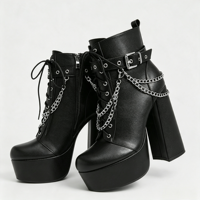 Bottines noires à plateforme pour femmes, bout rond, lacets, chaîne métallique, boucle, talon bloc épais, fermeture éclair arrière, style gothique punk