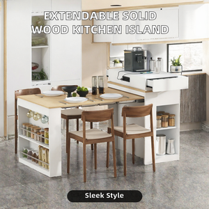 Îlot de cuisine extensible en bois massif, table à manger, rangement double face, 2 tiroirs, prises électriques, étagères latérales, écologique - Product Image 2