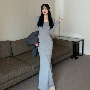 Long Sleeve Fishtail Bodycon Dress For Women Light Gray O Neck Slim Fit Casual Daily Wear Solid Color Splicing Design - Product Image 1
