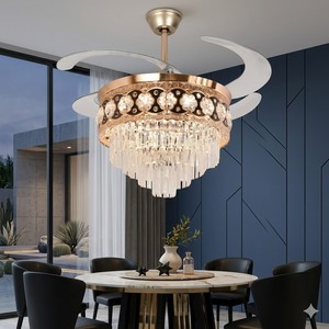 Elegant Gold <b>LED</b> <b>Ceiling</b> Fan with <b>Crystal</b> Chandelier Retractable Blades Remote Control Silent Motor Luxury Decor - Product Image 3