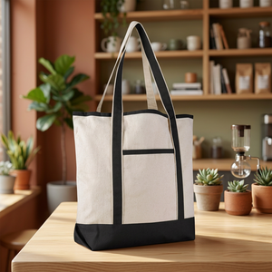 Sac fourre-tout en toile grande capacité avec garniture noire et poignée d'épaule, idéal pour les courses - Product Image 3