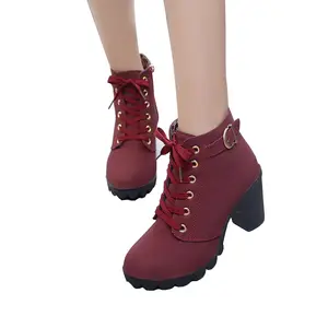 Botas femininas com cadarço, botas femininas com plataforma e salto alto, quentes, para inverno 2020