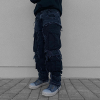 DiZNEW Détruit les jeans et pantalons à jambe droite pour hommes, patchwork déchiqueté, high street, hip hop, hipster, à la mode