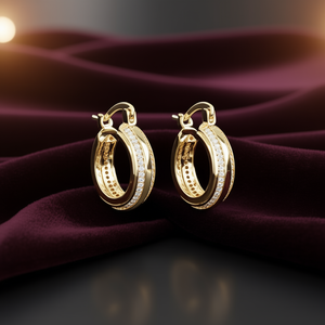 Orecchini a Cerchio Dorati Placcati in Oro 22k con Diamanti, Gioielli Classici da Donna per Uso Quotidiano, Diamanti Naturali Taglio Brillante Rotondo Colore G - Product Image 2