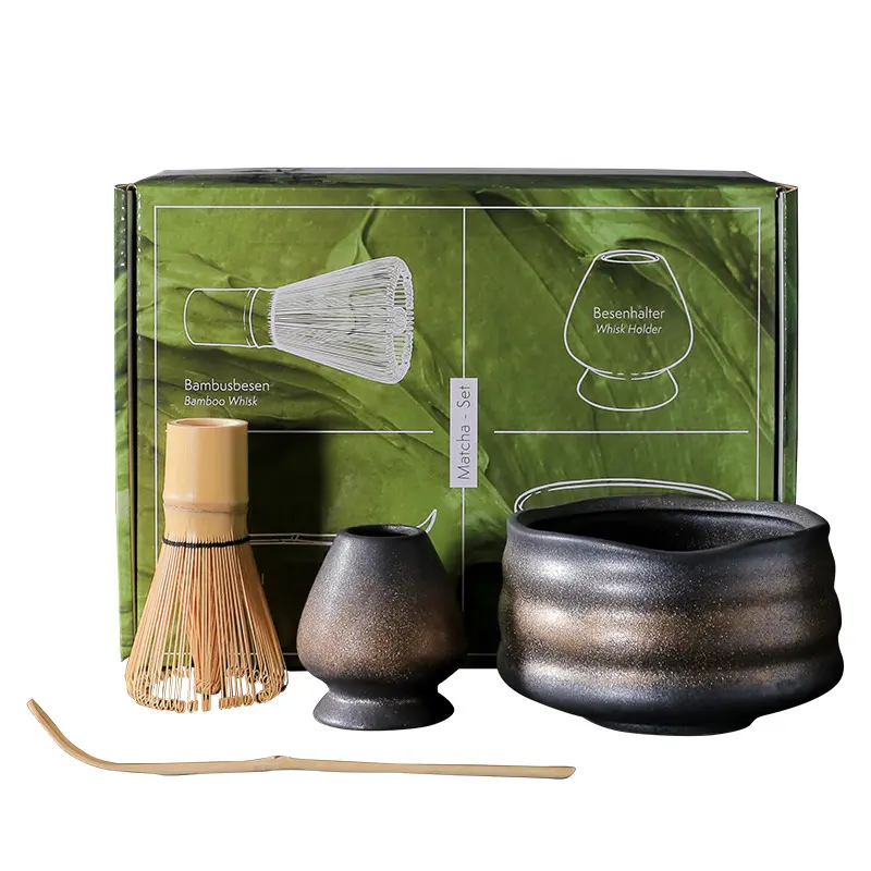 أدوات صنع الماتشا الاحتفالية اليابانية ، ماتشا ، أوعية حامل الخفق والملعقة ، طقم قهوة الخيزران
