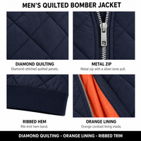 Blouson Bomber matelassé pour homme OEM, col montant côtelé, fermeture éclair métallique, doublure contrastante orange, léger et rembourré, idéal pour l'hiver, logo personnalisé