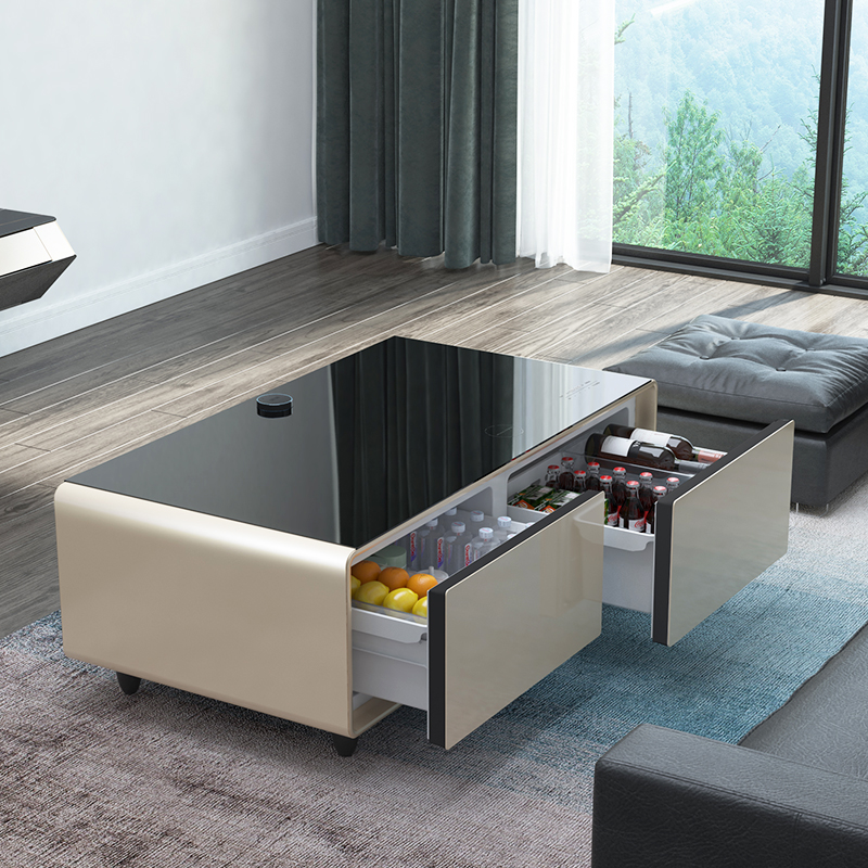 New arrival smart refrigerator coffee table fridge table with fridge blueteeth speakers usb chargers led touch screen