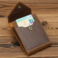 Dompet Kulit Crazy Horse Lipat Dua Pria Vintage dengan Kancing Tekan, Tempat Kartu dan Jendela ID, Minimalis, Logo Custom, Grosir