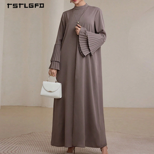 Women Mocha Brown Abaya Double Layer Pleated <b>Flared</b> Cuff Mock Neck Long Sleeve Modest Muslim Casual Elegant Maxi Dress Robe - Product Image 1