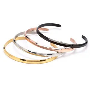 Delicate Simple Gold Plated Stainless Steel Cuff Bracelet Women Engraved Signature Thin Bangle Elegant Model