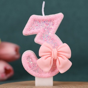 Cross-Border First Birthday Cake Decorating Supplies Handmade <strong>Pink</strong> Bow Number Birthday <strong>Candles</strong> 0-9 Paraffin Wax Material - Product Image 2