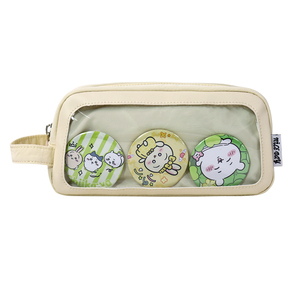 Nylon Pencil Case With Three <b>Cute</b> Character Buttons Transparent Front Pocket <b>Stationery</b> Bag - Product Image 1