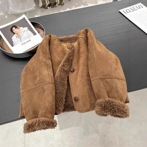 Giacca da <span class=keywords><strong>Donna</strong></span> Marrone in Pelle Scamosciata con Fodera Spessa in Lana d'Agnello Autunno Inverno Casual Monopetto Corta in Stile Coreano - Product Image 4