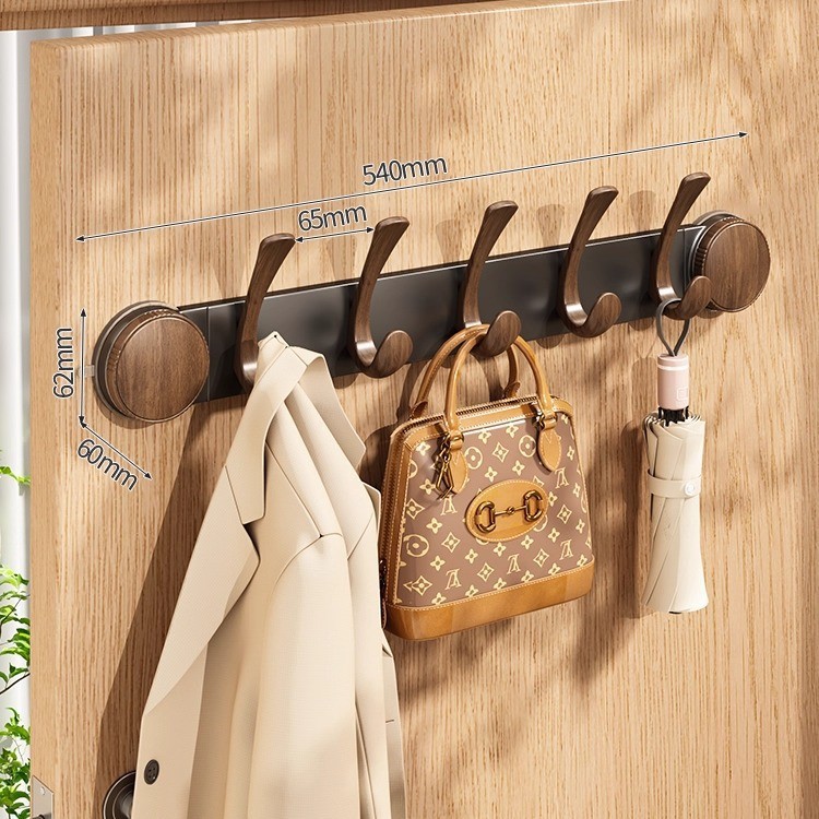 [Suction Cup Walnut Wood Color Knob Style] 5 Hooks