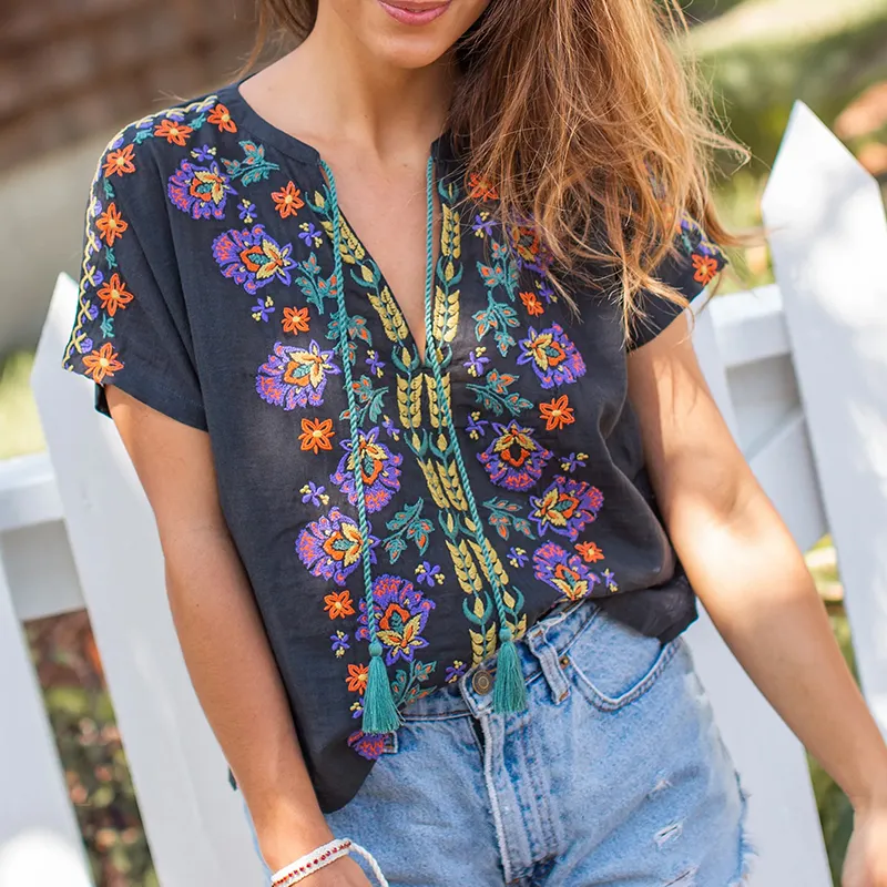 OEM Latest Clothing Casual Tops For Women Blouse Shirts Floral Embroidery V Neck With Tassels Linen Summer Woven Adults Regular