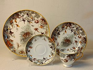 Jungle Wildlife Print Bone China <b>Dinnerware</b> Set 4 Pieces With Gold Rim Cup Saucer Plates For Home Dining - Product Image 1