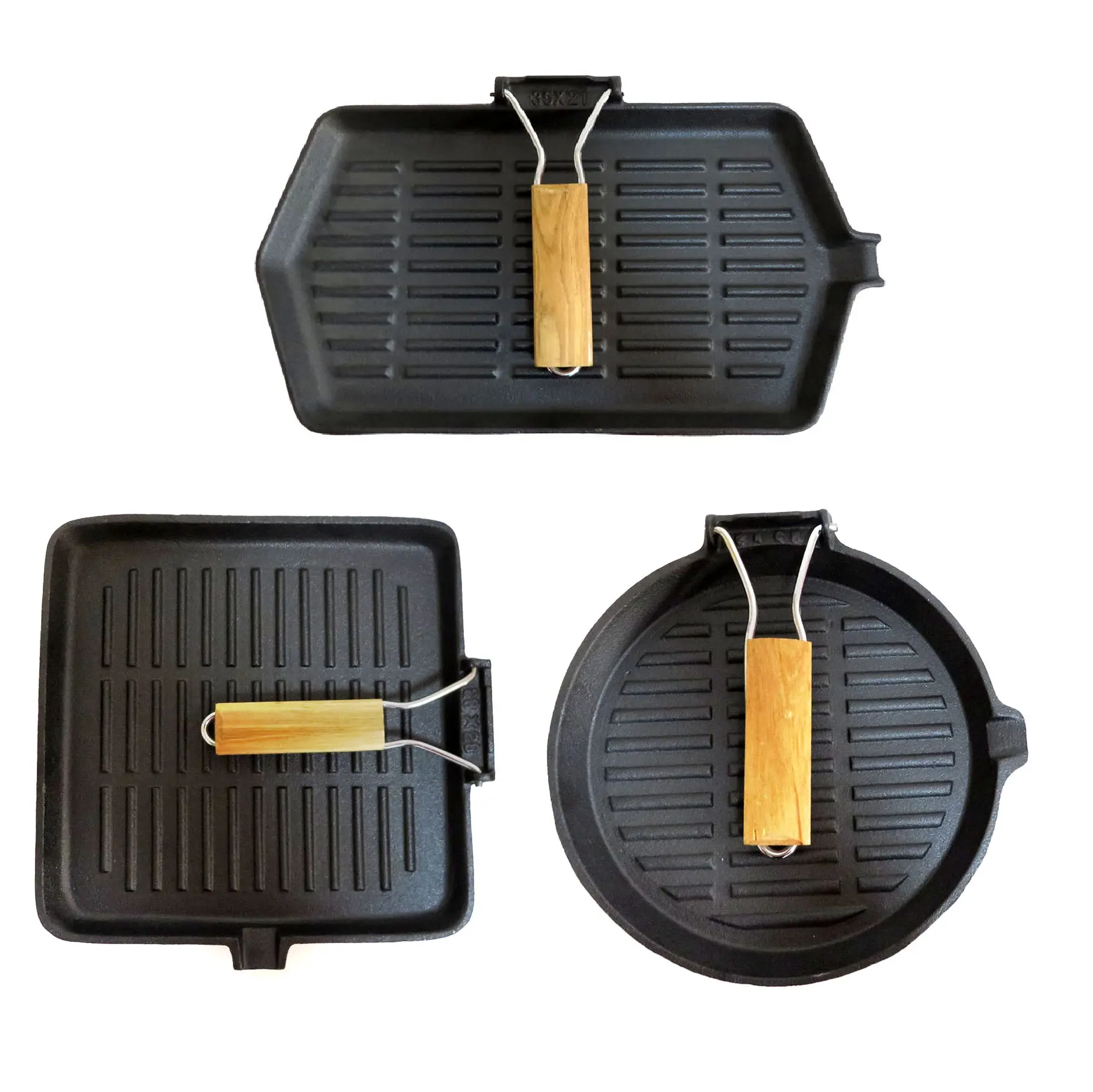 Non-stick Enameled Pre seasoned Cast Iron Grill Pan with Foldable Wooden Handle BBQ Frying Pan Cast Iron Skillet Outdoor Camping