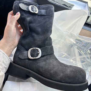 Botas de tacón redondo de gamuza estilo británico 2026, cómodas botas de tobillo, botas vaqueras occidentales con diseño de hebilla para mujer - Product Image 1