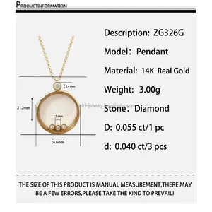 14k AU585 Real Gold Diamond Necklace Round Pendant Necklace Rolo Chain Custom Design Wholesaler Chinese Gold Necklace