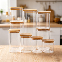 Conteneur en verre transparent personnalisé en promotion, pot de conservation alimentaire en verre avec couvercle en bambou de qualité alimentaire, bocaux en verre