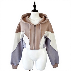 Women's <b>Cropped</b> Color Block <b>Zip</b> <b>Up</b> Hoodie Oversized Long Sleeve Fleece Hooded Sweatshirt Casual Streetwear Jacket - Product Image 1