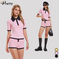 Ensemble de tennis et de golf personnalisé en gros pour femmes, haut court boutonné à col en V color-block, jupe plissée taille haute, tenue de sport d'été