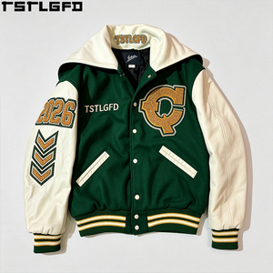 Cut And Sew Varsity <b>Jacket</b> <b>Rhinestone</b> Applique Green Wool Leather Sleeve Letterman Baseball <b>Jacket</b> Wholesale Bulk - Product Image 6