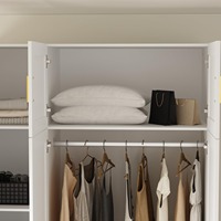 Grande armoire de chambre en bois blanc à 6 portes avec miroir, tringle de suspension et 4 tiroirs de rangement
