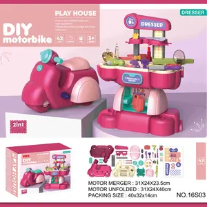 Mainan Rumah Bermain Sepeda Motor 2 In 1, Gaun Dapur Hewan Peliharaan Plastik Penyimpanan Mainan Makanan Penutup Kue Makeup untuk Anak-anak
