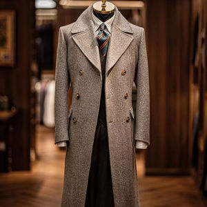 Cappotto Lungo da <span class=keywords><strong>Uomo</strong></span> Slim <span class=keywords><strong>Doppiopetto</strong></span> in Lana con Motivo a Spina di Pesce Retrò e Bottoni Decorativi per Primavera Autunno - Product Image 1