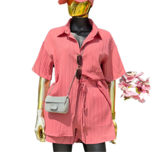J1495 Women's Fashion 2-Piece <b>Set</b> Spring Casual Solid Chiffon Above Knee Short Sleeve Shirt Wide Leg Shorts - Product Image 1
