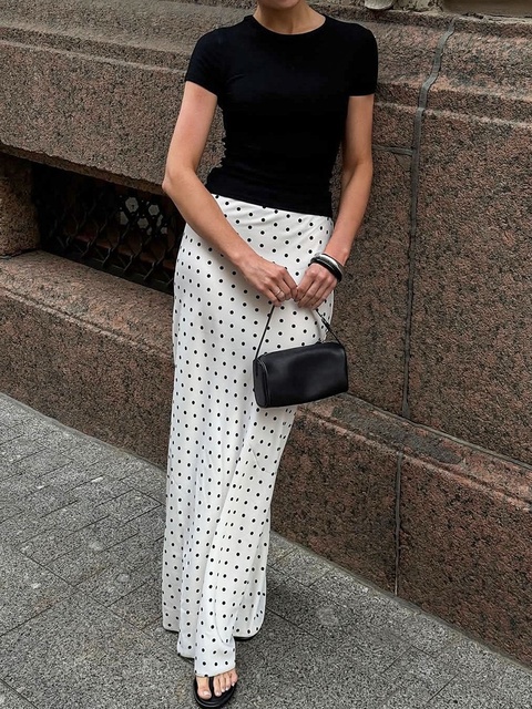 Women's New Autumn Winter White Polka Dot Empire Long Vintage Skirt Stylish Elegant Design Beaded Polyester Anti-Wrinkle