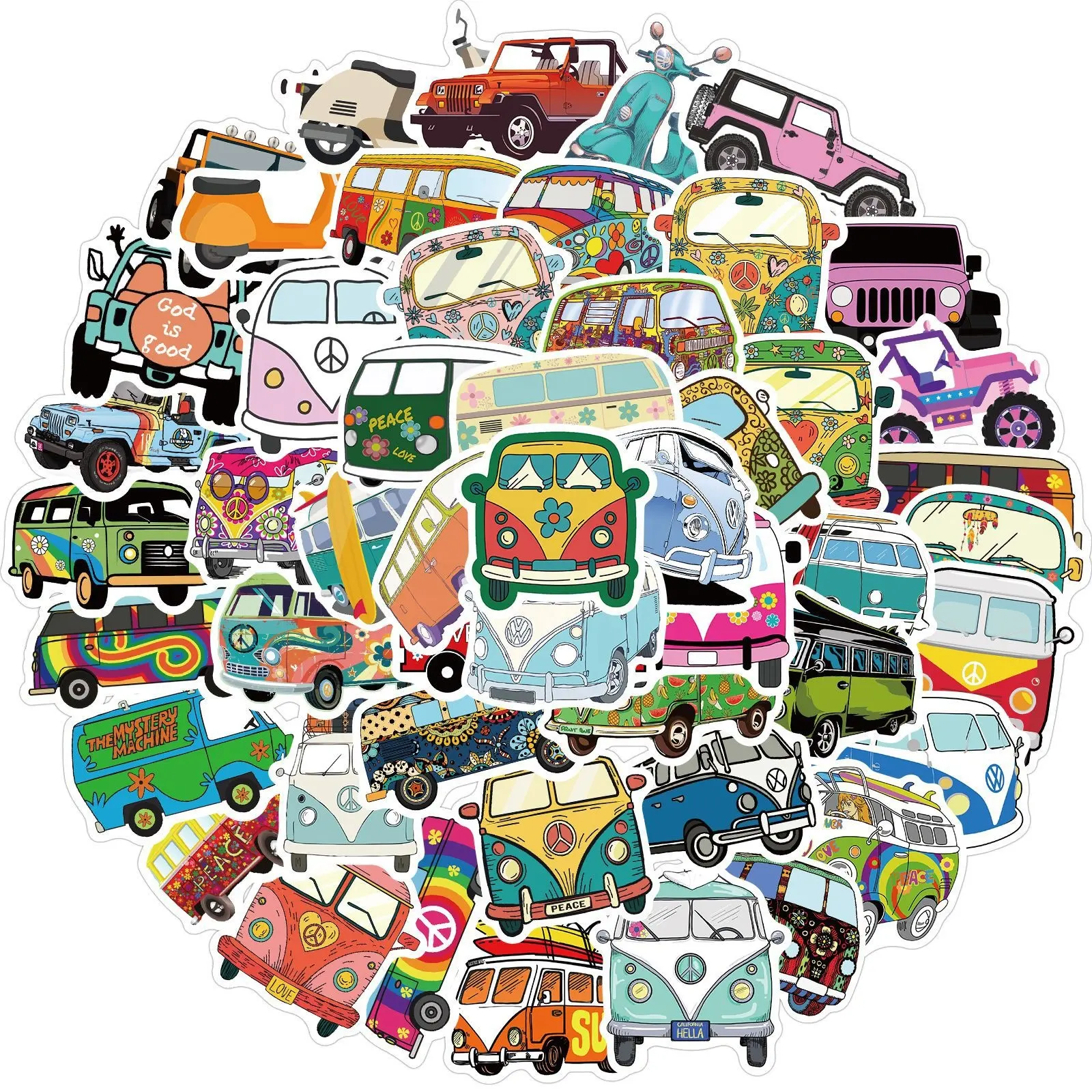 50個ヒッピーかわいいカラフルなバスカーおもちゃステッカードア荷物ラップトップボトル家の装飾ステッカー