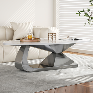 Table basse moderne en pierre frittée avec base en acier inoxydable – Meuble de salon écologique, durable et élégant - Product Image 3