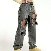 Pantalon en jean noir déchiré et effiloché pour femme, style streetwear décontracté, taille haute, coupe droite, baggy