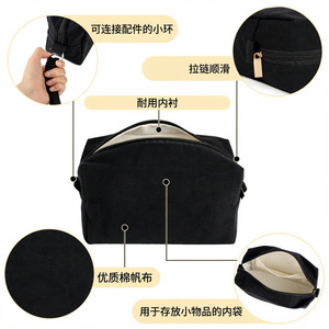 Cosmetic Bag Canvas Black Durable With Inner Pocket <b>For</b> Travel <b>Makeup</b> <b>Storage</b> - Product Image 1
