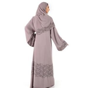 LEDUO Elegant Modest Dubai-Style Embroidered <b>Satin</b> Custom Design Abaya with Pearls & <b>Hijab</b> for Everyday Wear - Product Image 2